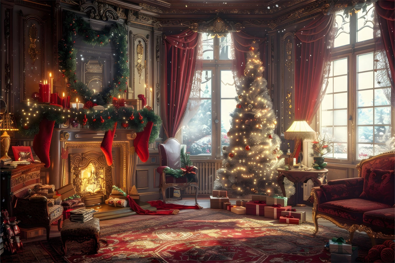 Toile de Fond de Pièce Festive avec Cadeaux et Arbre de Noël RR8-162