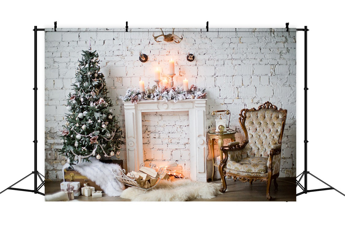 Toile de Fond de Mur en Brique Blanche avec Arbre et Foyer de Noël RR8-163