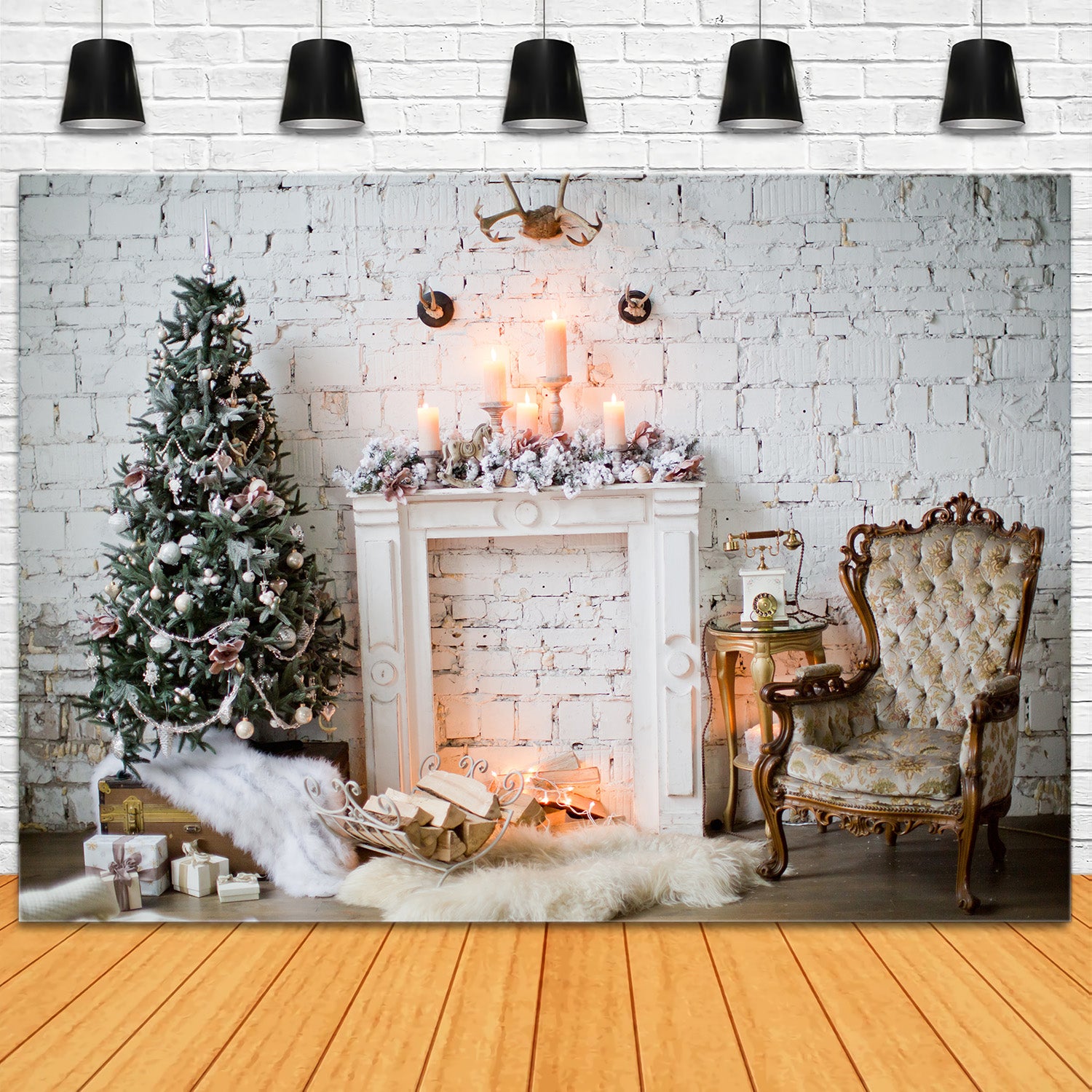Toile de Fond de Mur en Brique Blanche avec Arbre et Foyer de Noël RR8-163