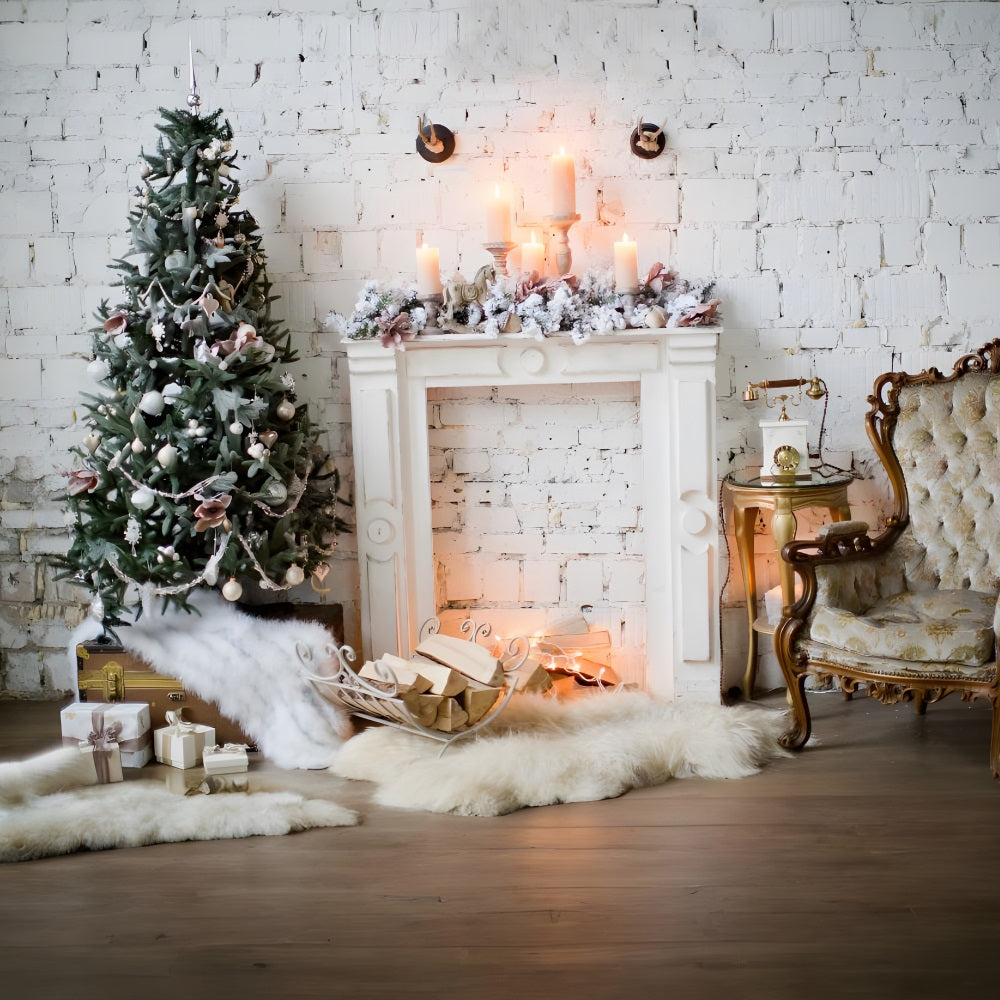 Toile de Fond de Mur en Brique Blanche avec Arbre et Foyer de Noël RR8-163