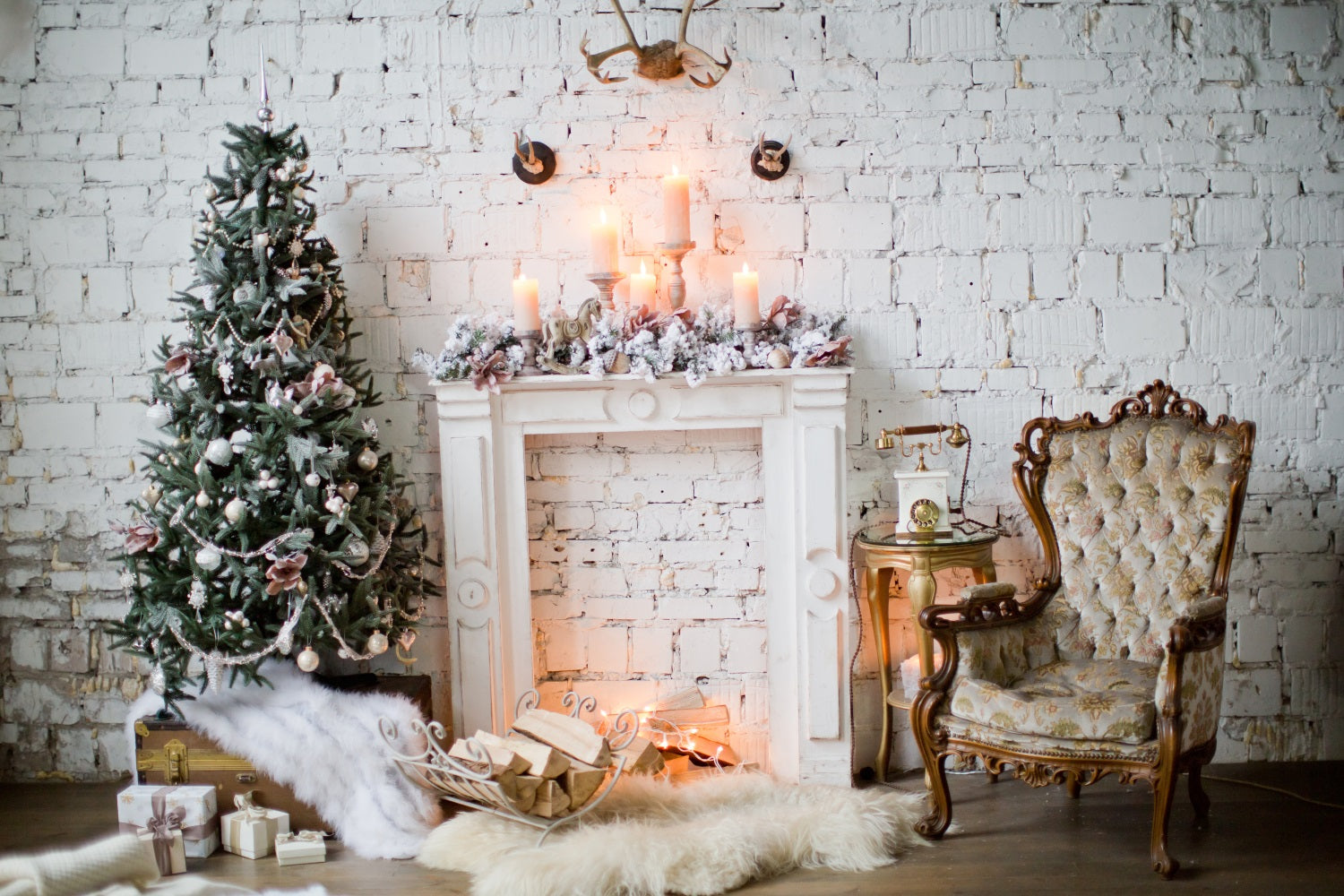 Toile de Fond de Mur en Brique Blanche avec Arbre et Foyer de Noël RR8-163