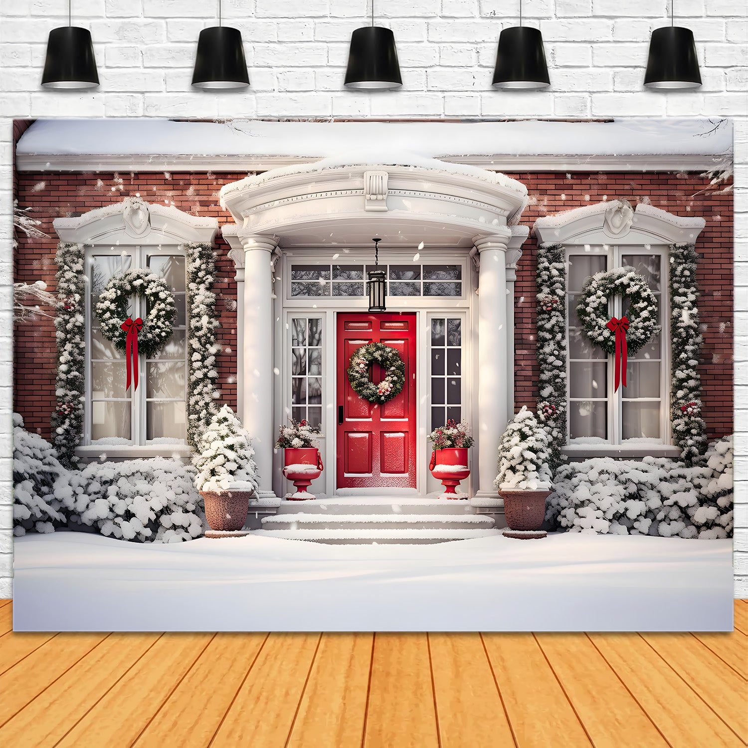 Toile de Fond de Porte Rouge Traditionnelle avec Couronne de Noël RR8-172