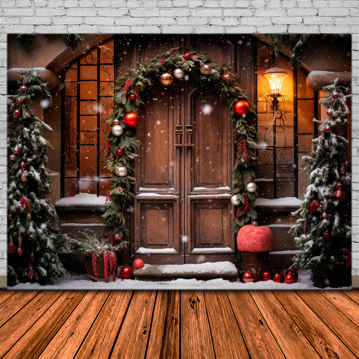 Toile de Fond d'Entrée Rustique avec Guirlande de Noël RR8-173