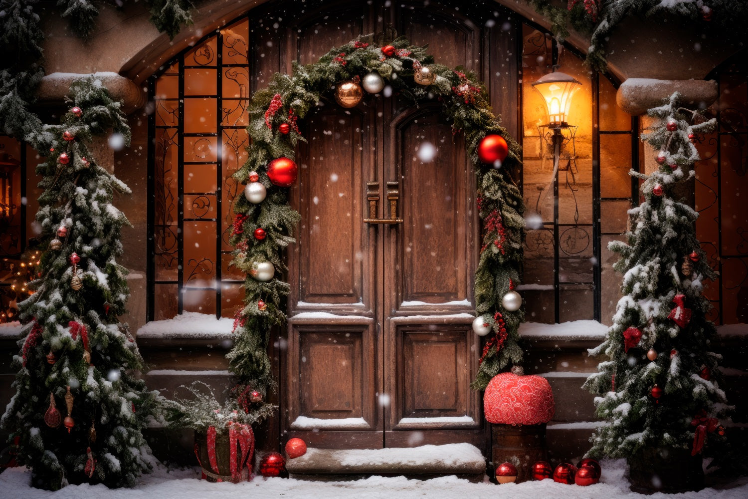 Toile de Fond d'Entrée Rustique avec Guirlande de Noël RR8-173