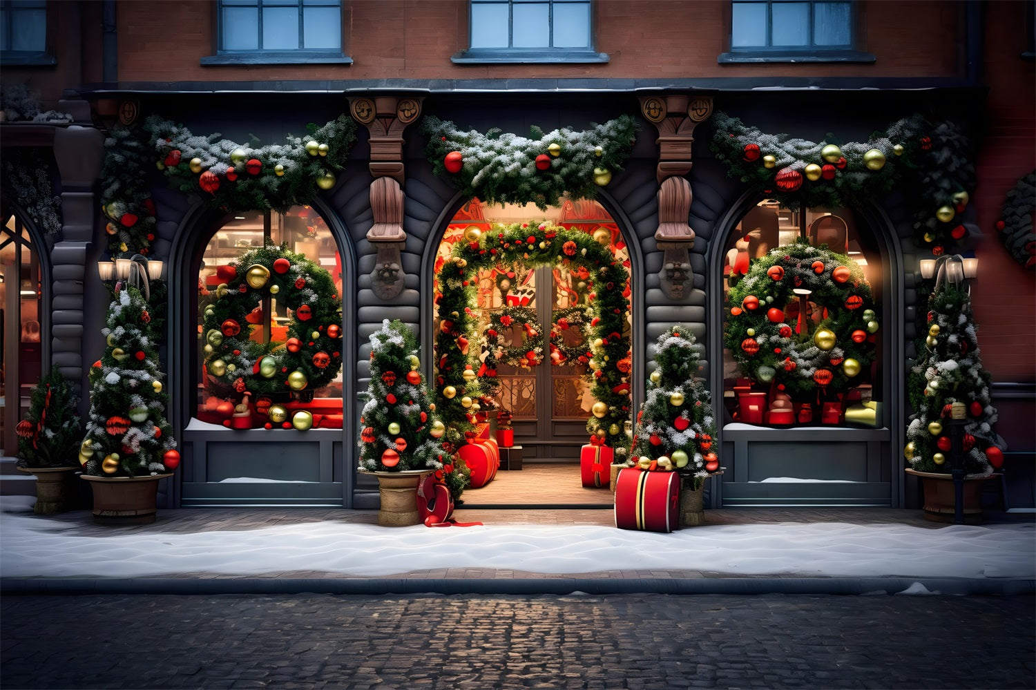 Toile de Fond de Vitrine Festive avec Couronnes de Noël RR8-174
