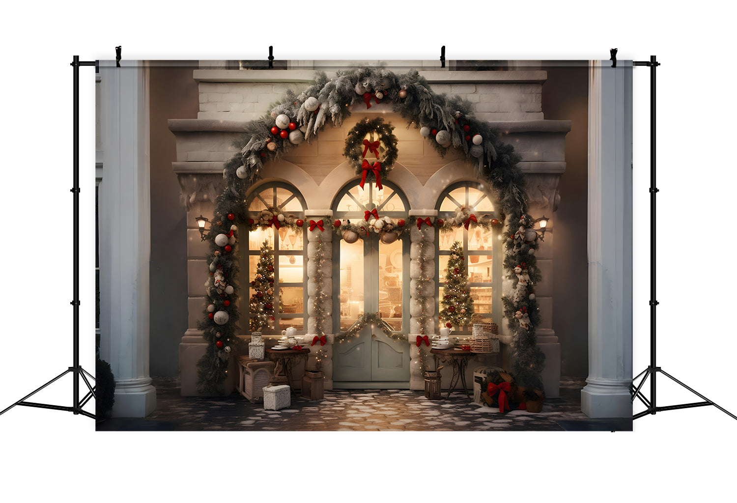 Toile de Fond de Vitrine Enchantée avec Couronnes de Noël RR8-175