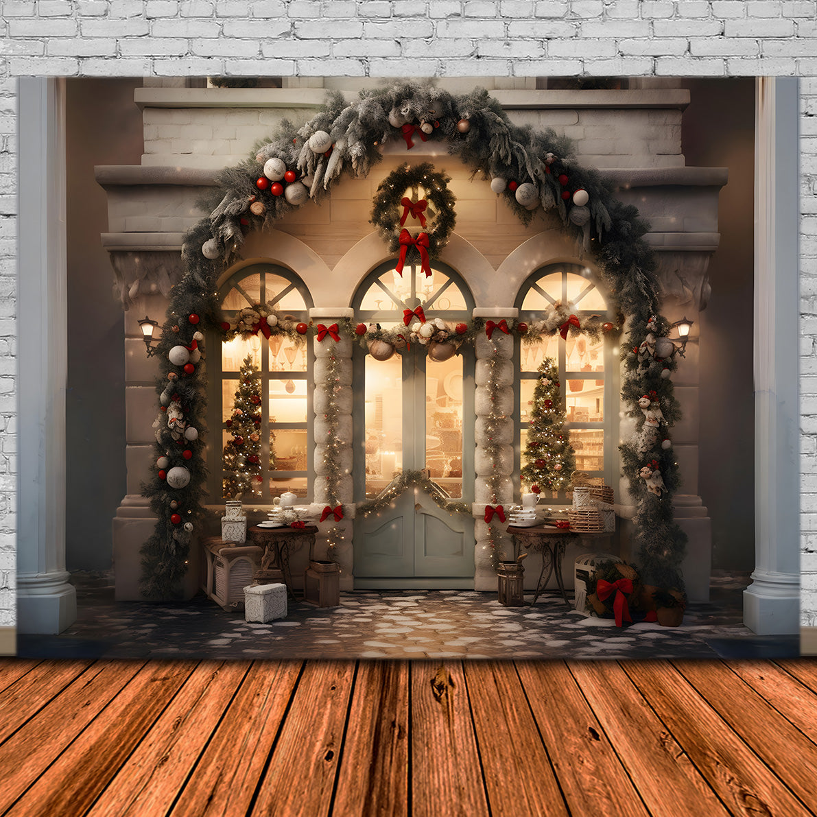 Toile de Fond de Vitrine Enchantée avec Couronnes de Noël RR8-175