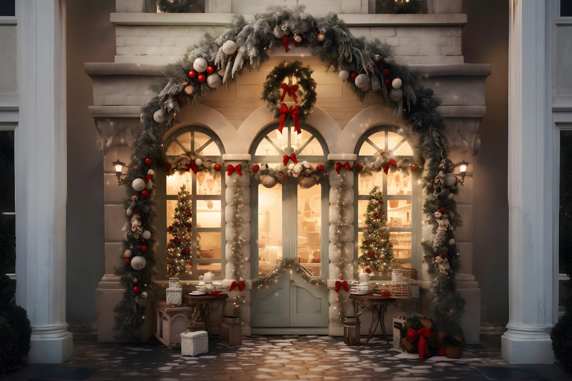 Toile de Fond de Vitrine Enchantée avec Couronnes de Noël RR8-175