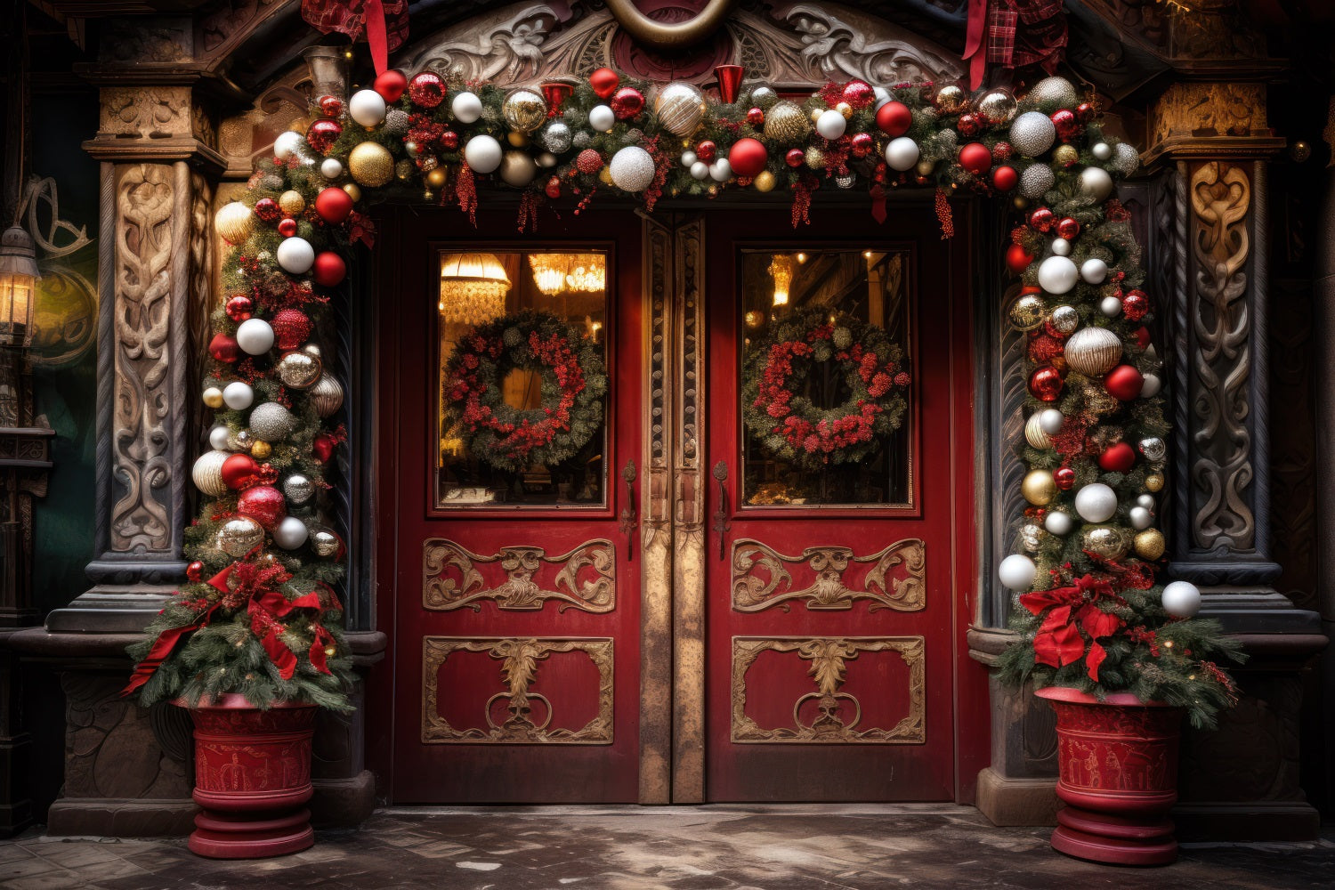 Toile de Fond d'Entrée Festive Arquée avec Ornements de Noël RR8-176