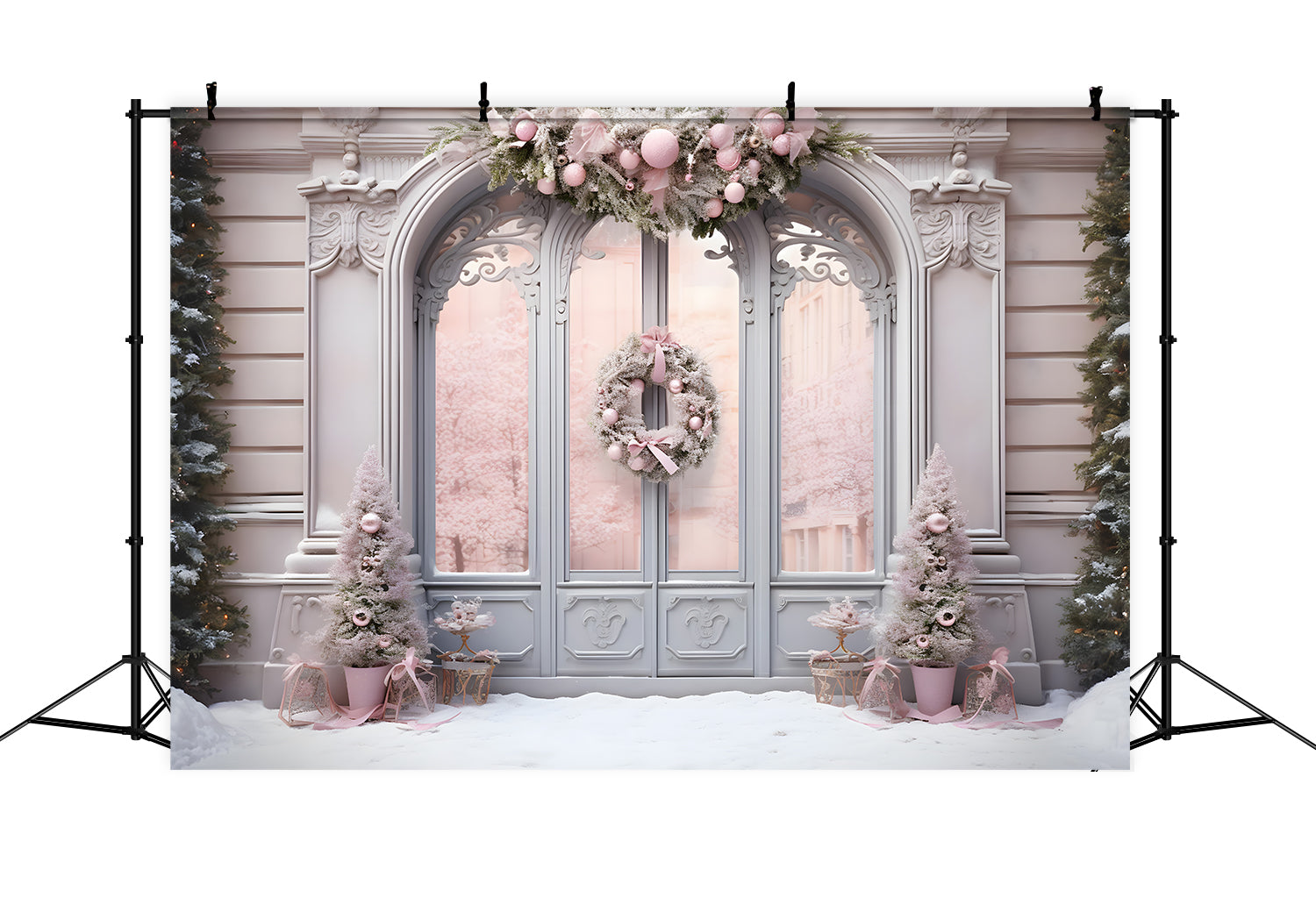 Toile de Fond d'Entrée Élégante Rose Décorée de Noël RR8-177