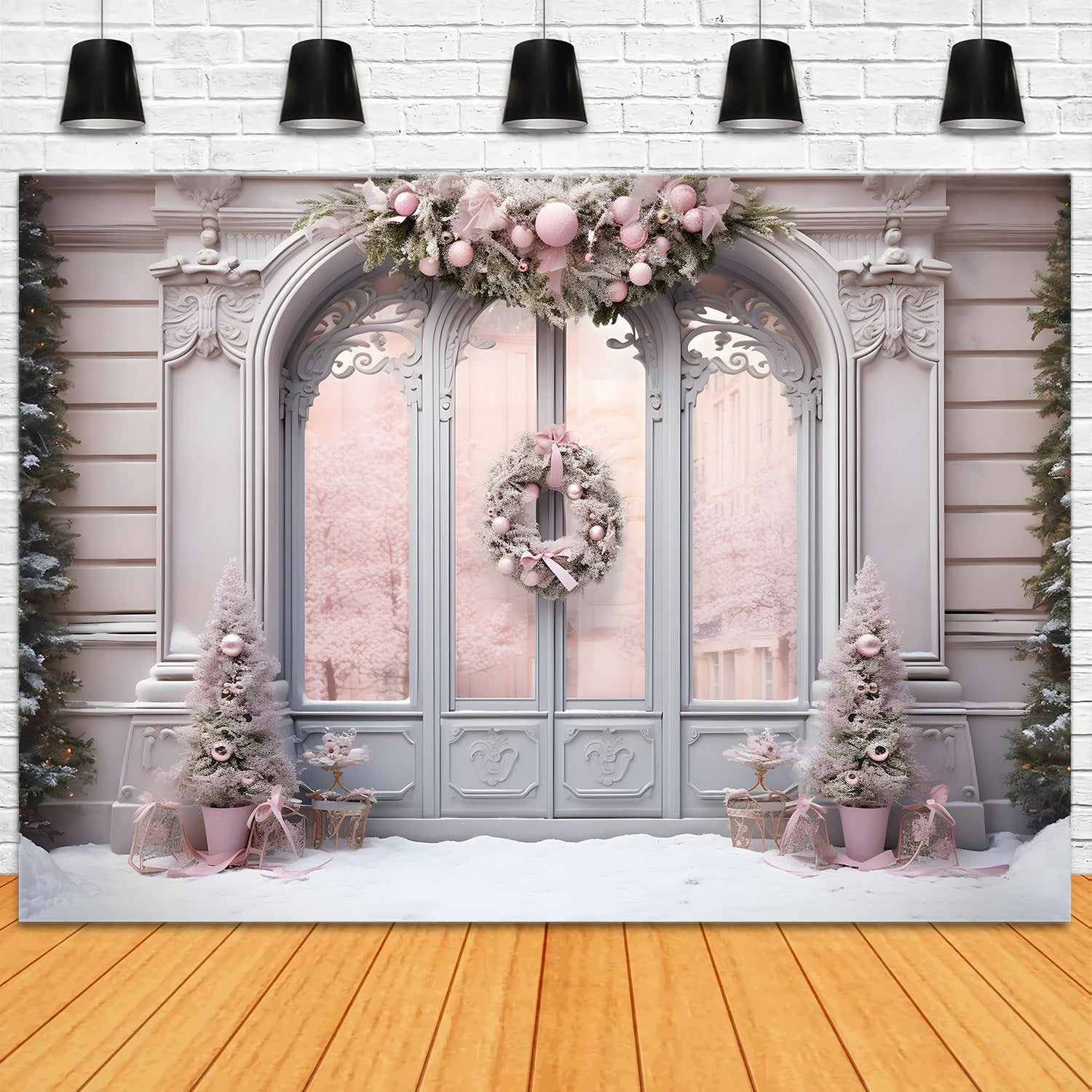 Toile de Fond d'Entrée Élégante Rose Décorée de Noël RR8-177