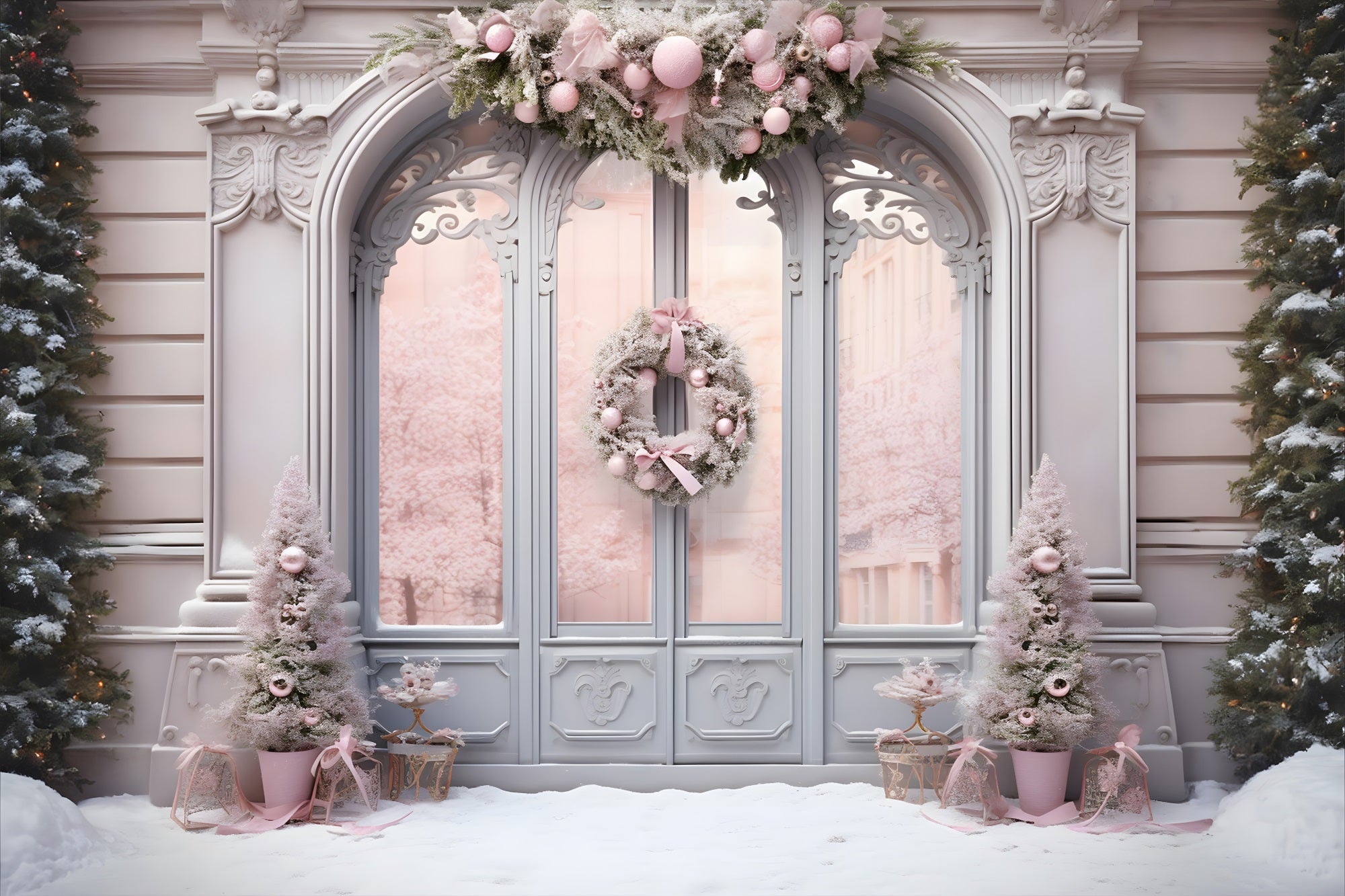 Toile de Fond d'Entrée Élégante Rose Décorée de Noël RR8-177