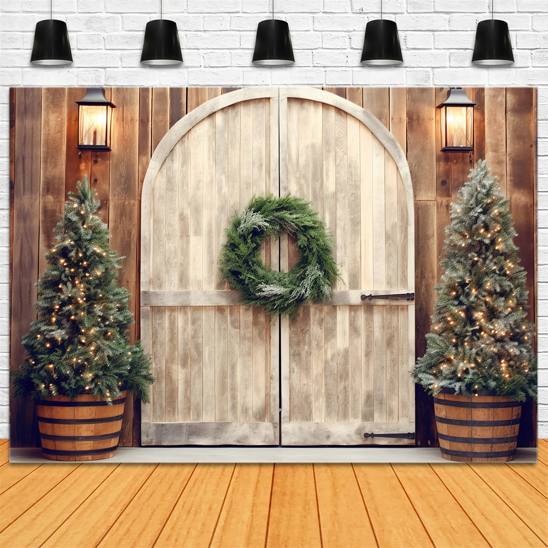 Toile de Fond d'Entrée Rustique avec Arbres Illuminés de Noël RR8-178