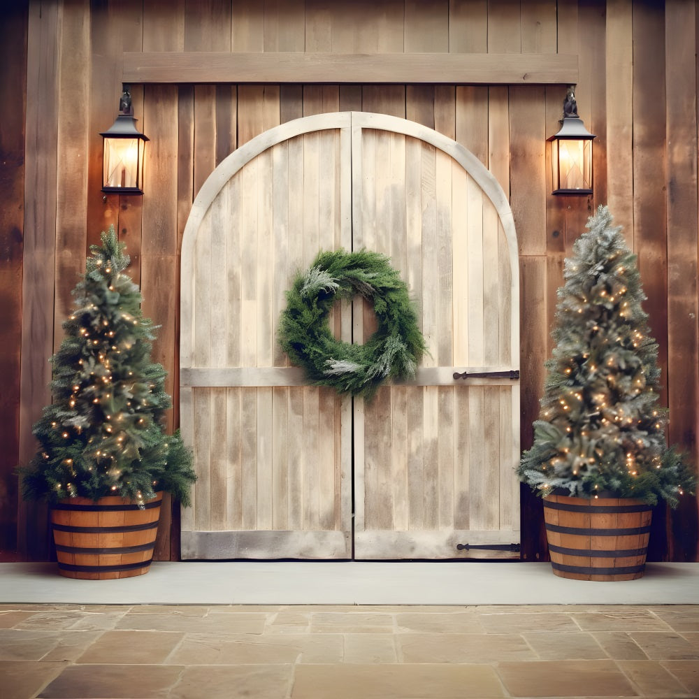 Toile de Fond d'Entrée Rustique avec Arbres Illuminés de Noël RR8-178
