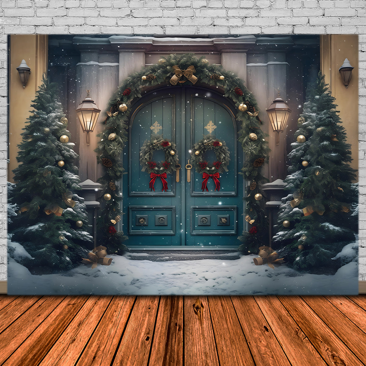 Toile de Fond de Grande Porte Enneigée de Noël RR8-179