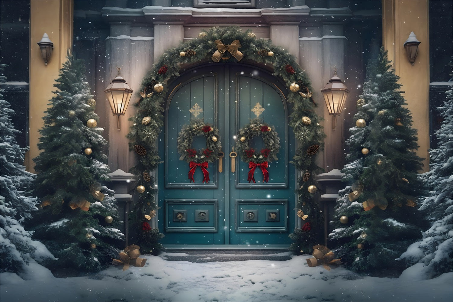 Toile de Fond de Grande Porte Enneigée de Noël RR8-179