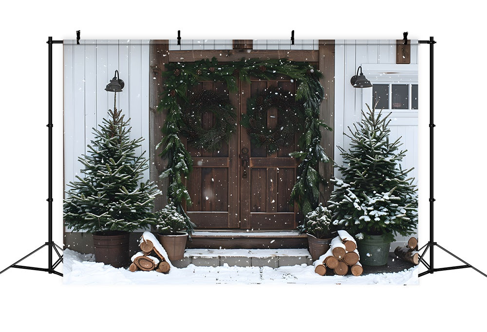 Toile de fond Porte en Bois Sapins et Couronne de Noël RR8-18