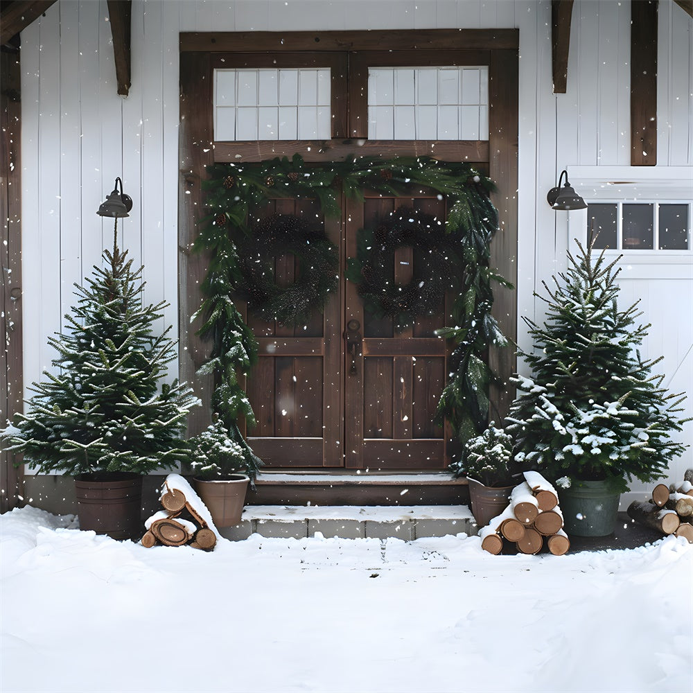 Toile de fond Porte en Bois Sapins et Couronne de Noël RR8-18