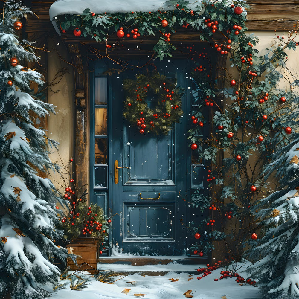 Toile de Fond de Porte Bleue Festive avec Guirlande de Noël RR8-183