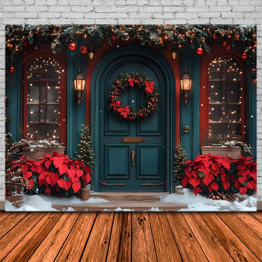 Toile de Fond de Porte Adornée de Poinsettia de Noël RR8-184