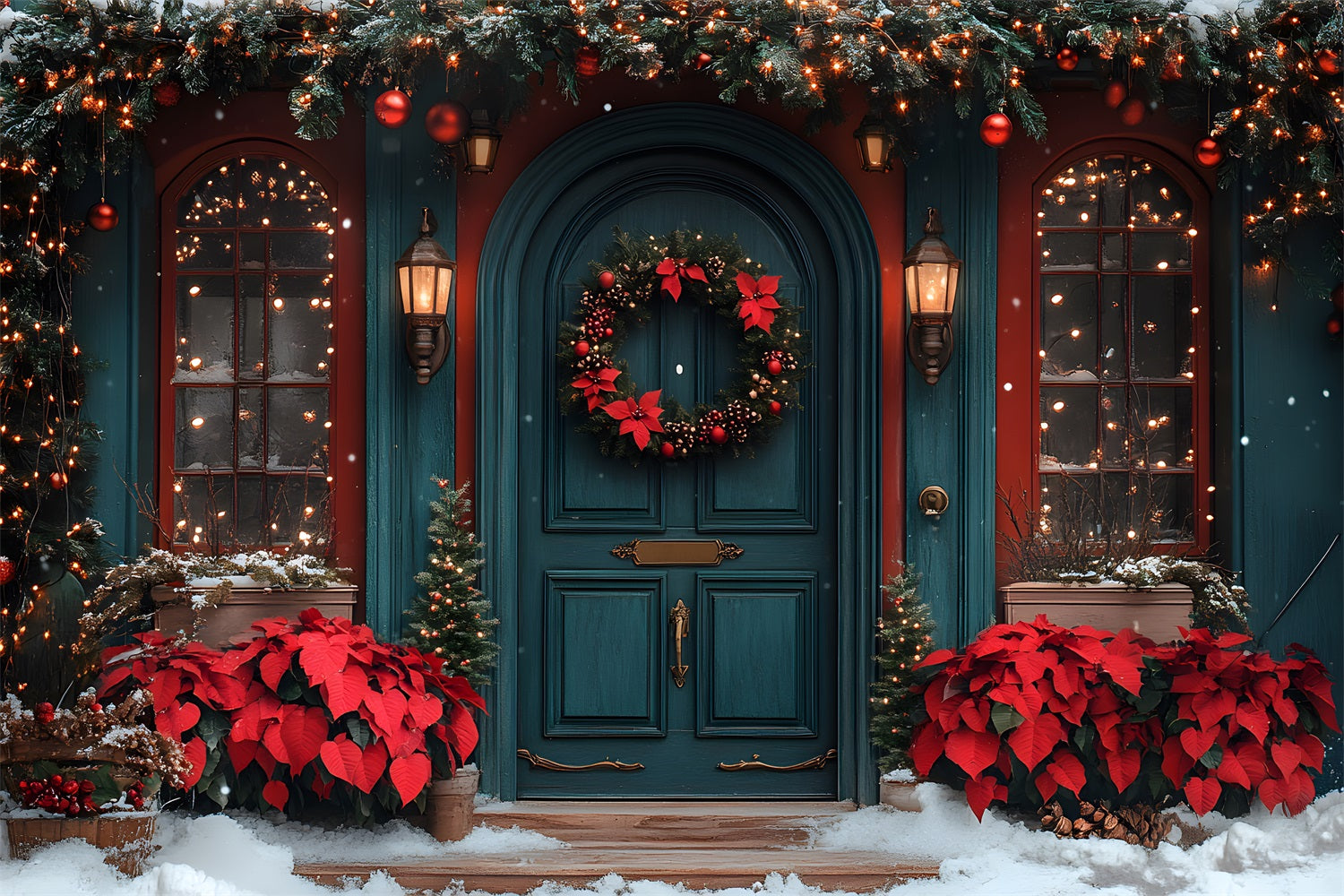Toile de Fond de Porte Adornée de Poinsettia de Noël RR8-184