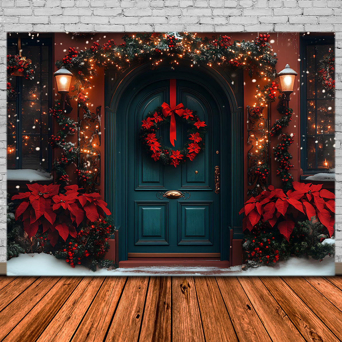 Toile de Fond d'Entrée Étincelante Rouge et Verte de Noël RR8-185
