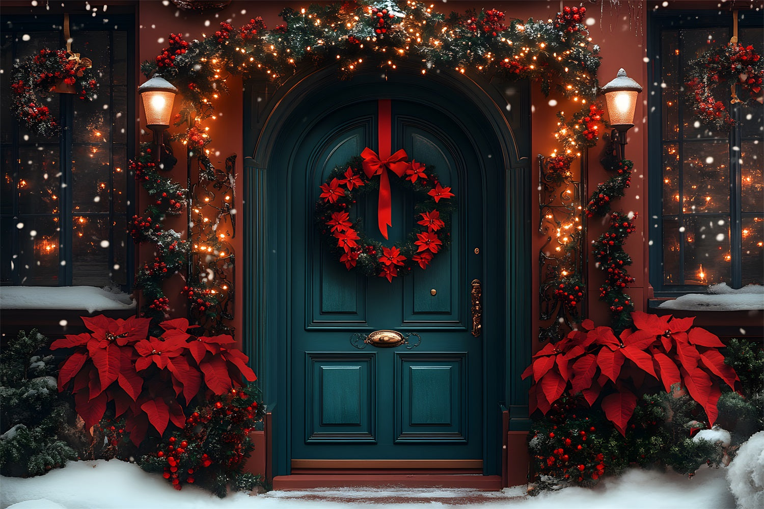 Toile de Fond d'Entrée Étincelante Rouge et Verte de Noël RR8-185