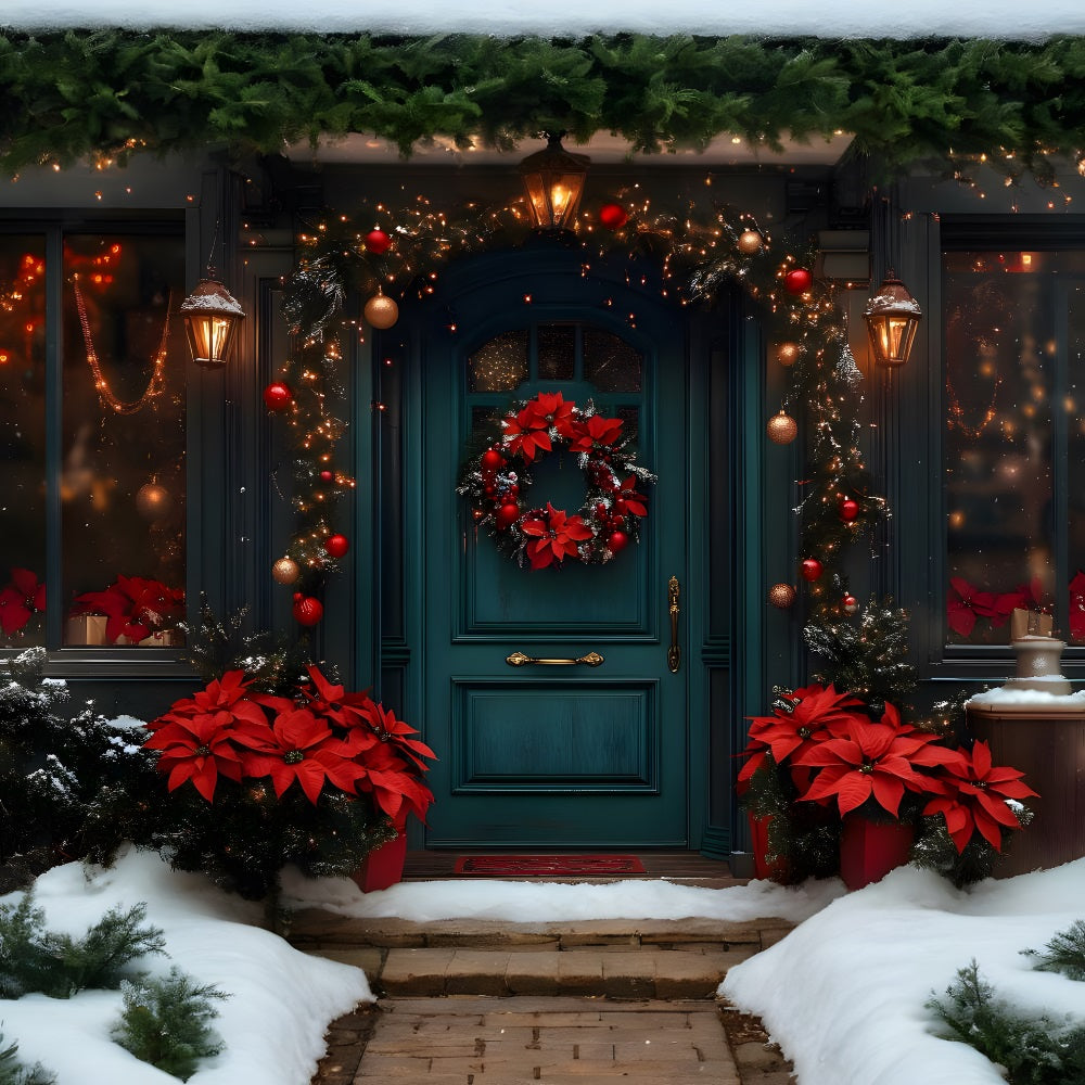 Toile de Fond de Porte Décorée de Couronne de Noël RR8-186
