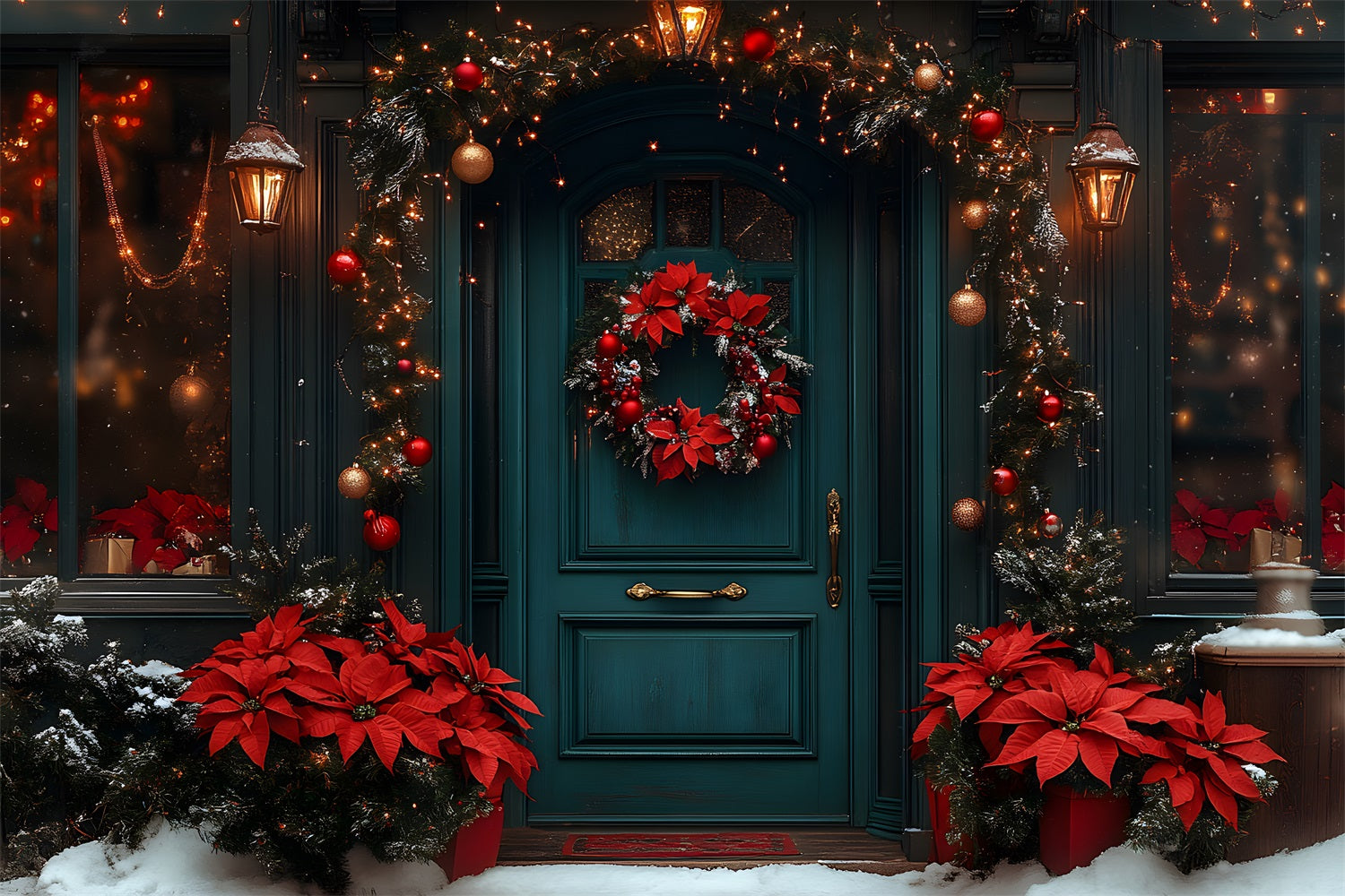 Toile de Fond de Porte Décorée de Couronne de Noël RR8-186