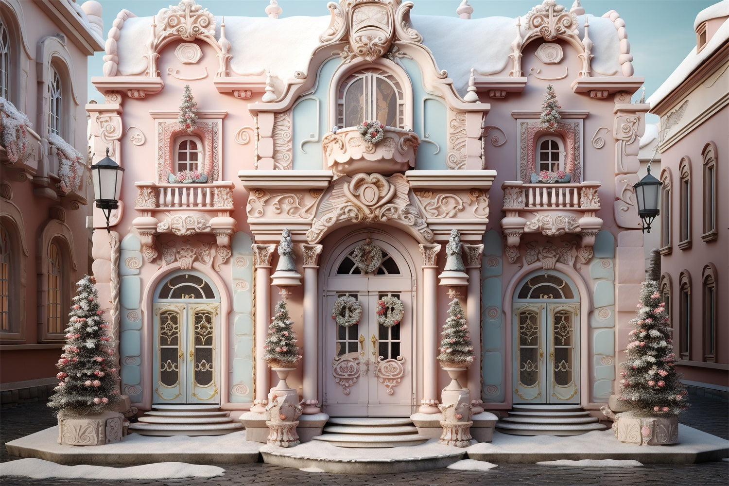 Toile de Fond de Château en Bonbon Rose de Noël RR8-191