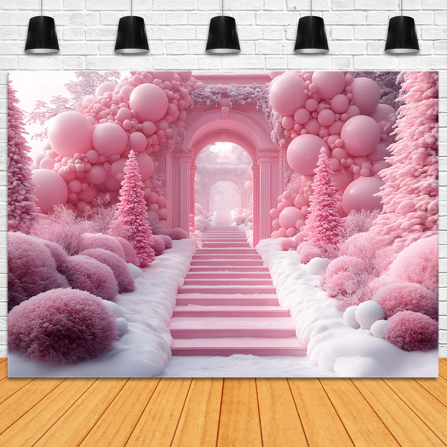 Toile de Fond de Pays des Merveilles avec Ballons Roses de Noël RR8-192