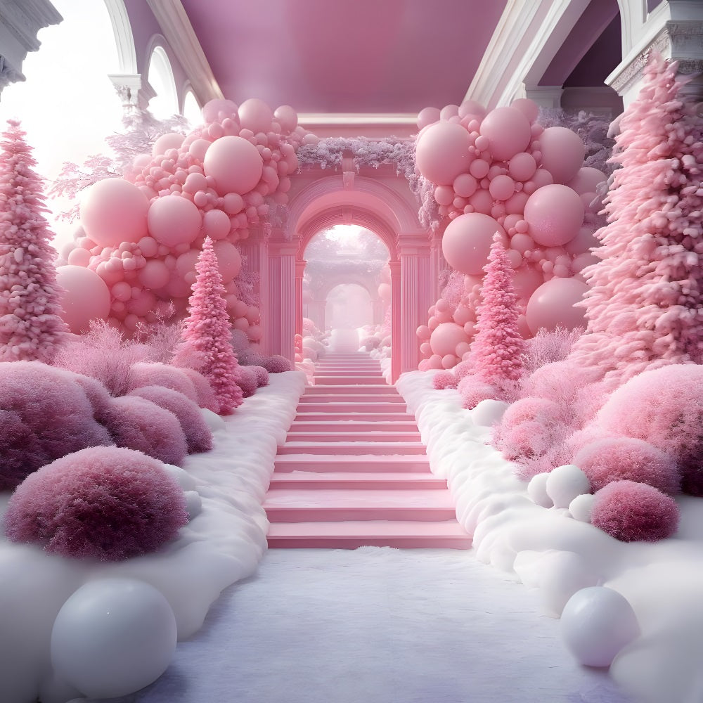 Toile de Fond de Pays des Merveilles avec Ballons Roses de Noël RR8-192