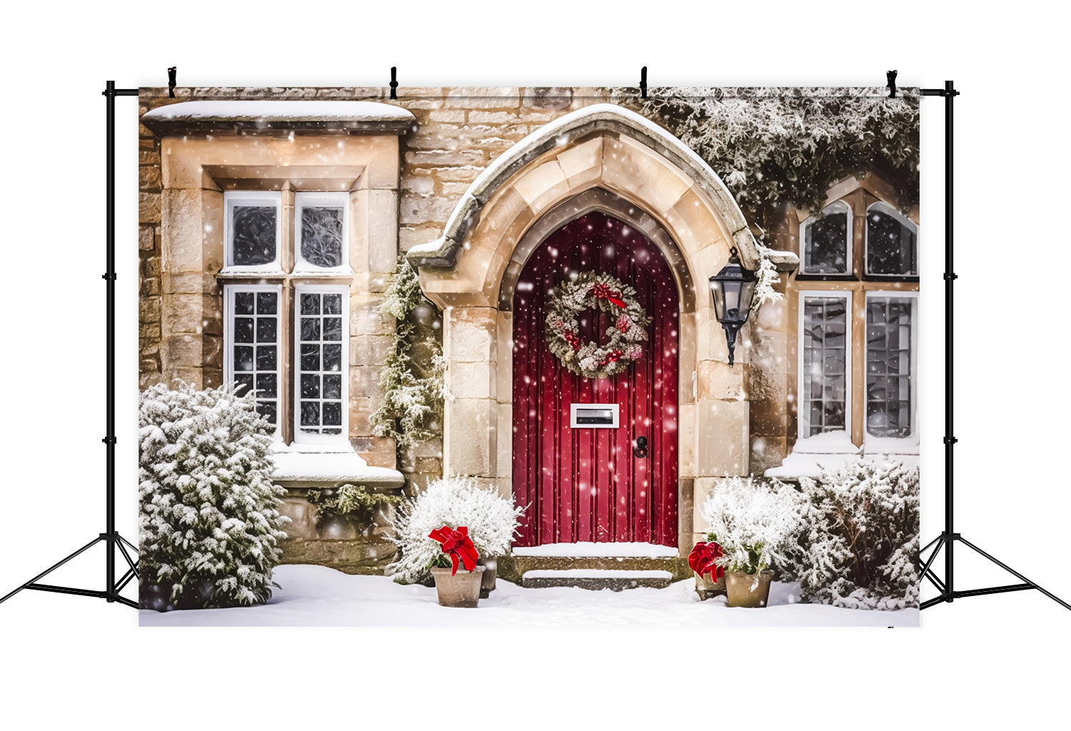 Toile de Fond de Porte Rouge Enneigée avec Couronne de Noël RR8-195