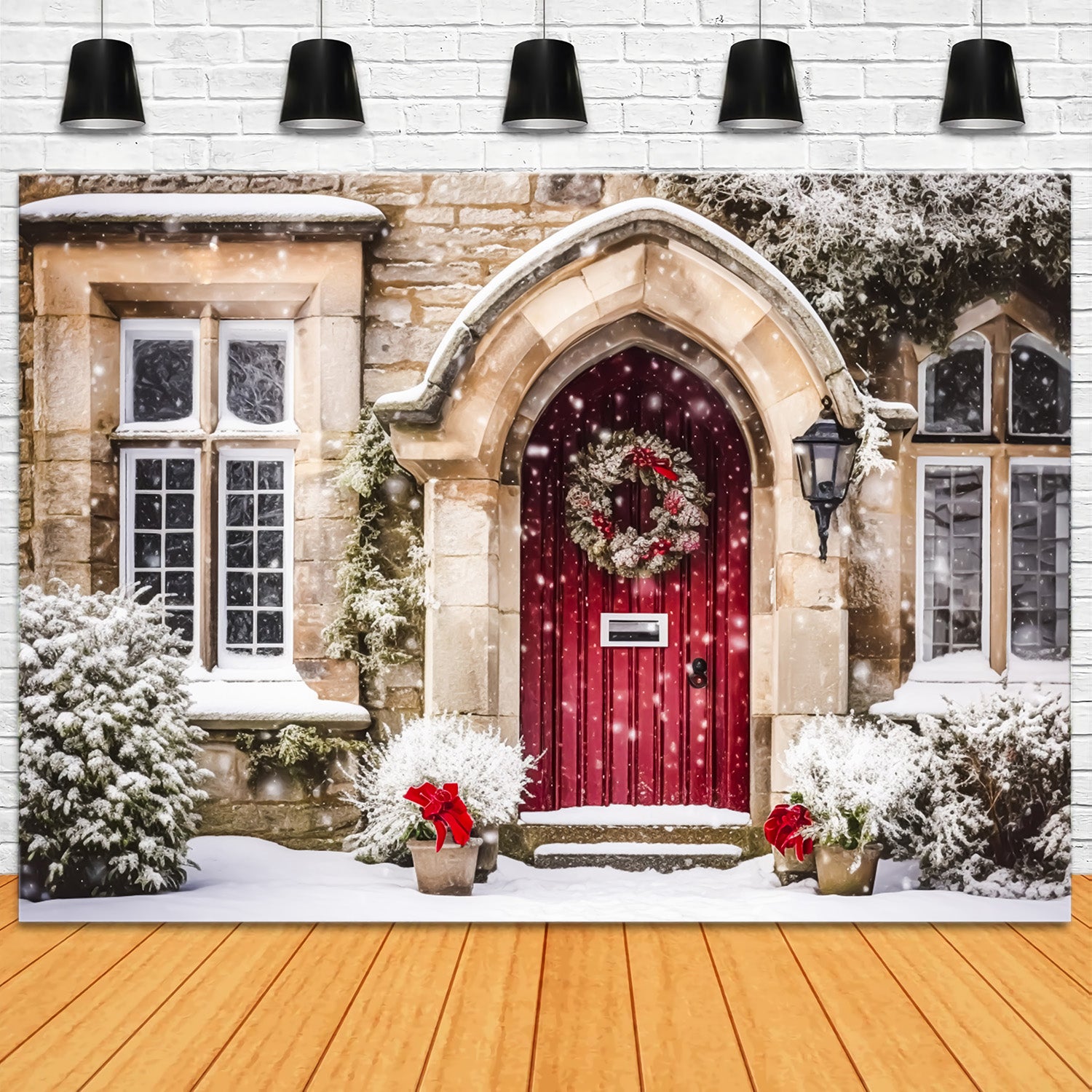 Toile de Fond de Porte Rouge Enneigée avec Couronne de Noël RR8-195