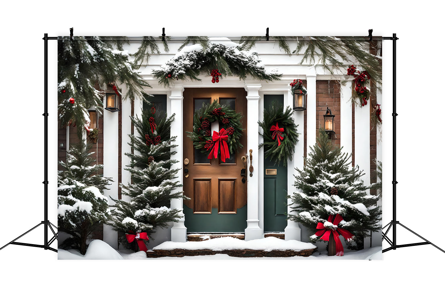 Toile de Fond Élégante de Porte Verte avec Guirlande de Noël RR8-197