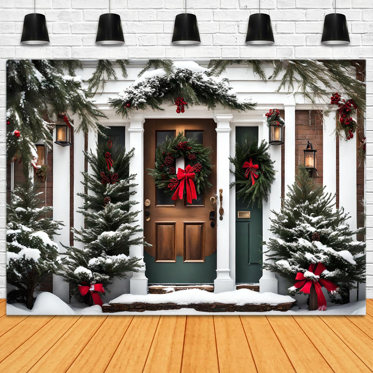 Toile de Fond Élégante de Porte Verte avec Guirlande de Noël RR8-197