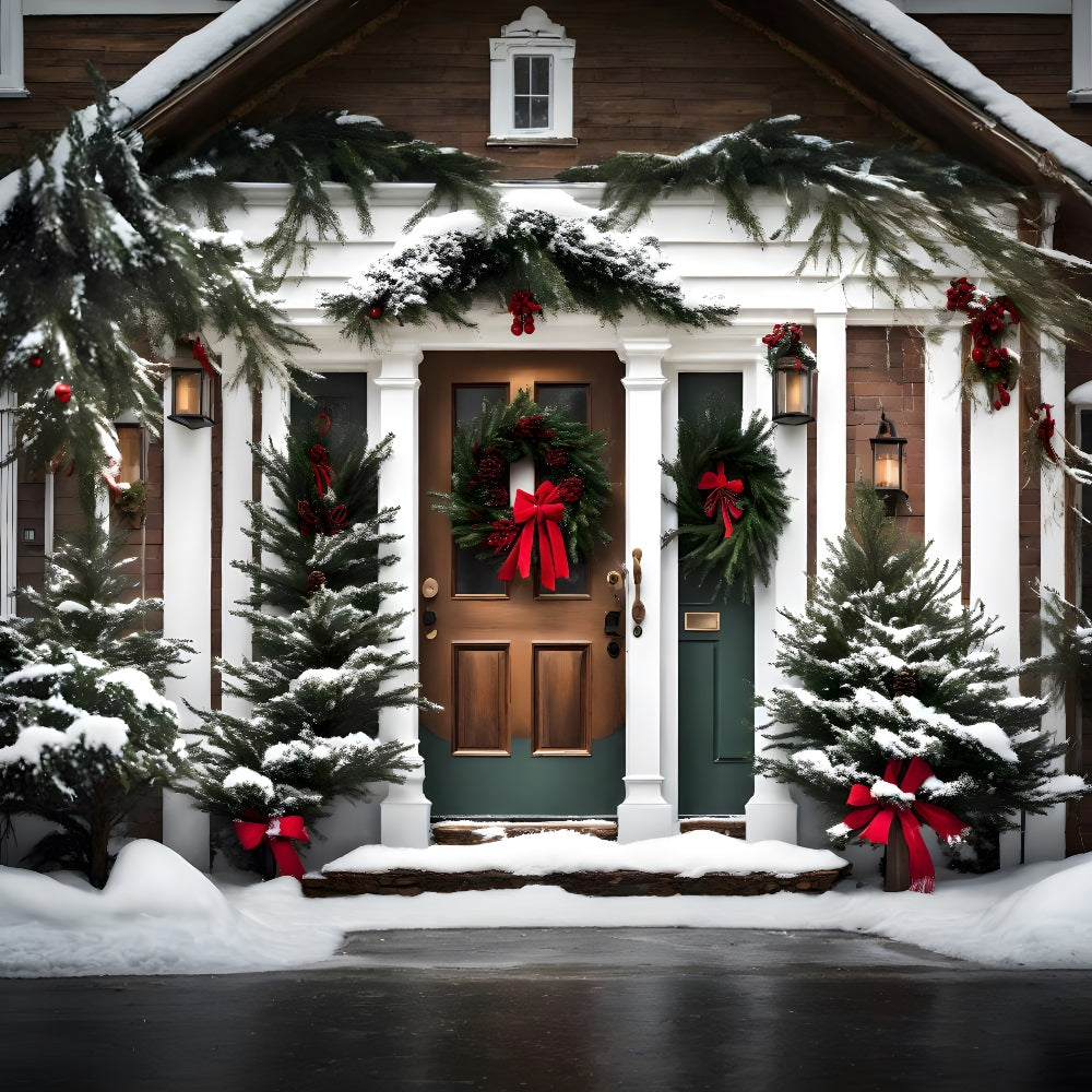 Toile de Fond Élégante de Porte Verte avec Guirlande de Noël RR8-197