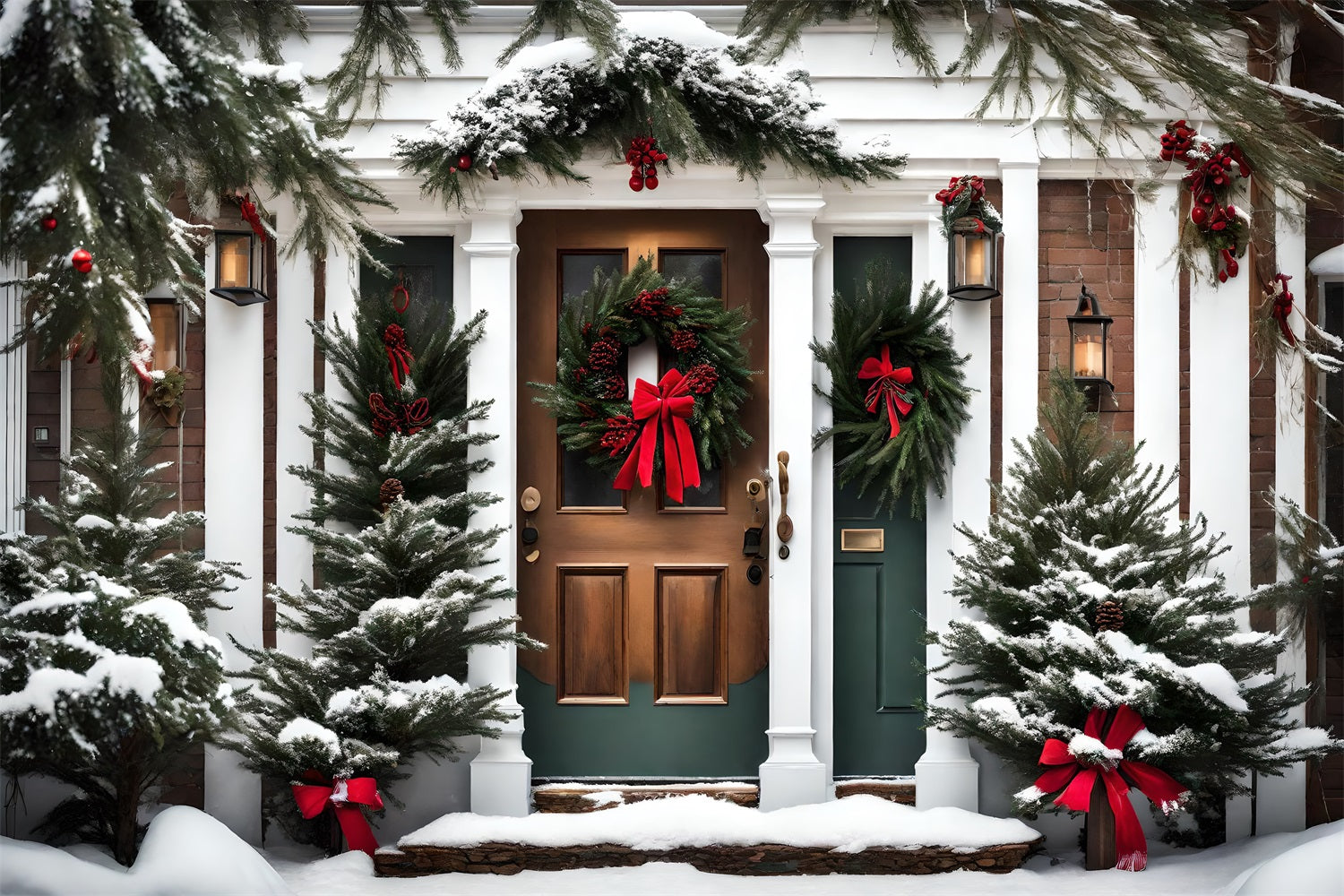 Toile de Fond Élégante de Porte Verte avec Guirlande de Noël RR8-197