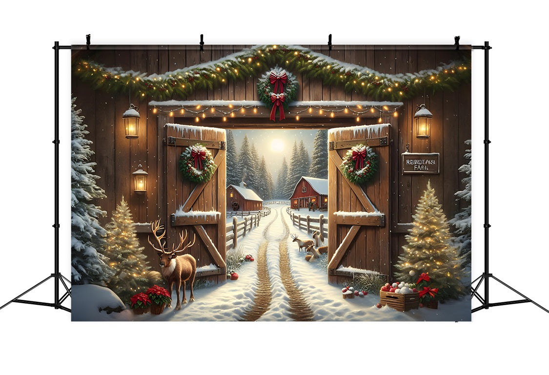 Toile de Fond de Grange Rustique avec Rennes de Noël RR8-203