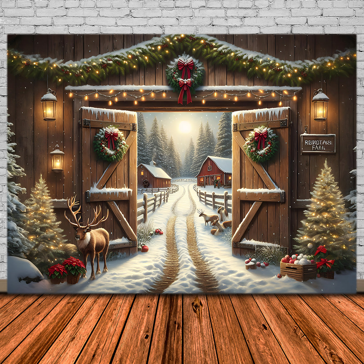 Toile de Fond de Grange Rustique avec Rennes de Noël RR8-203