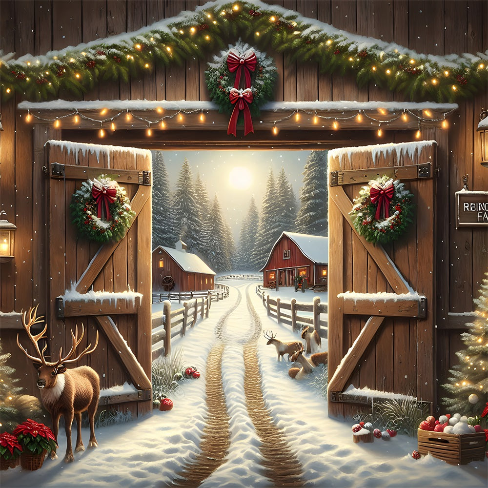 Toile de Fond de Grange Rustique avec Rennes de Noël RR8-203