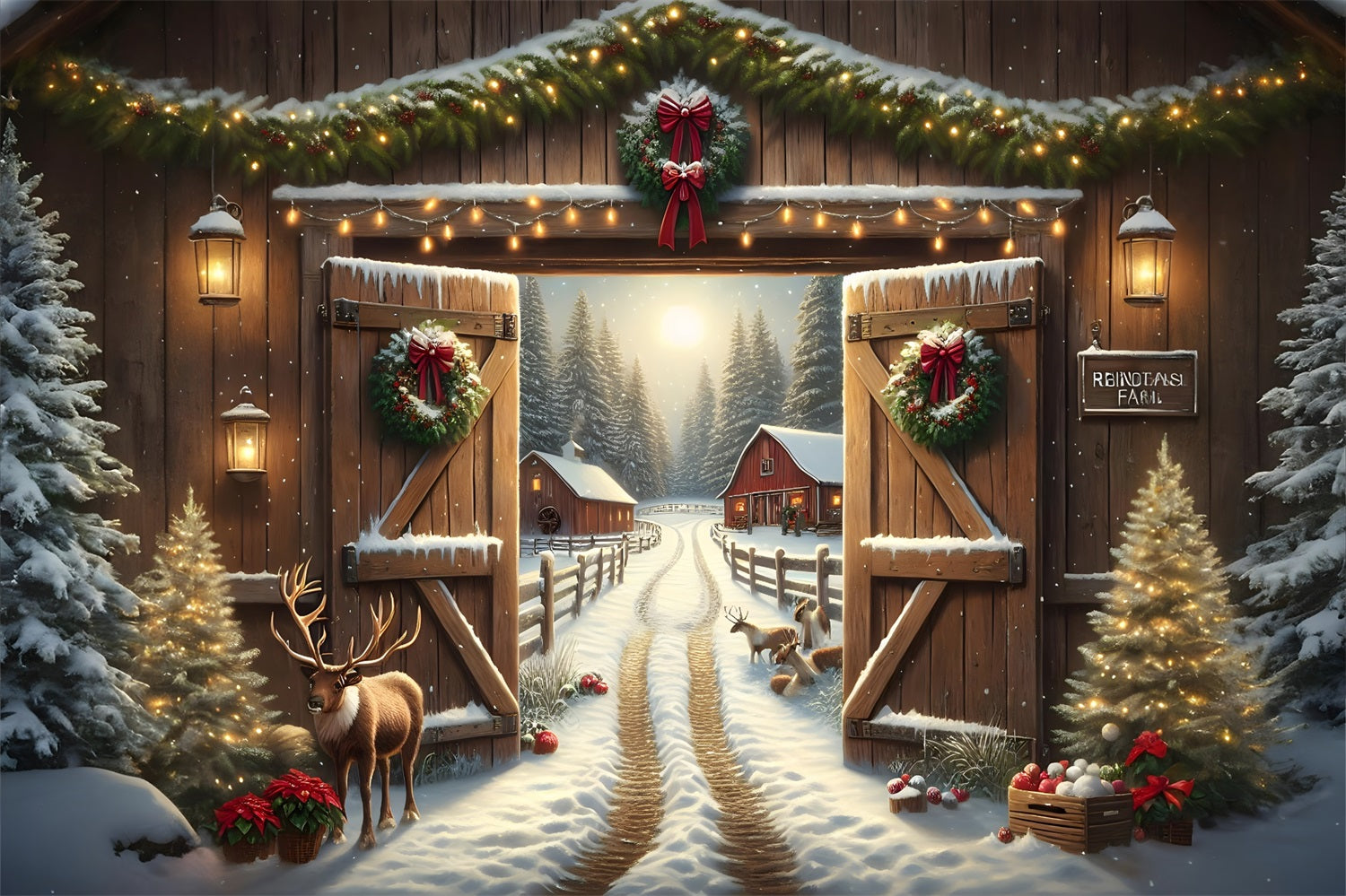 Toile de Fond de Grange Rustique avec Rennes de Noël RR8-203