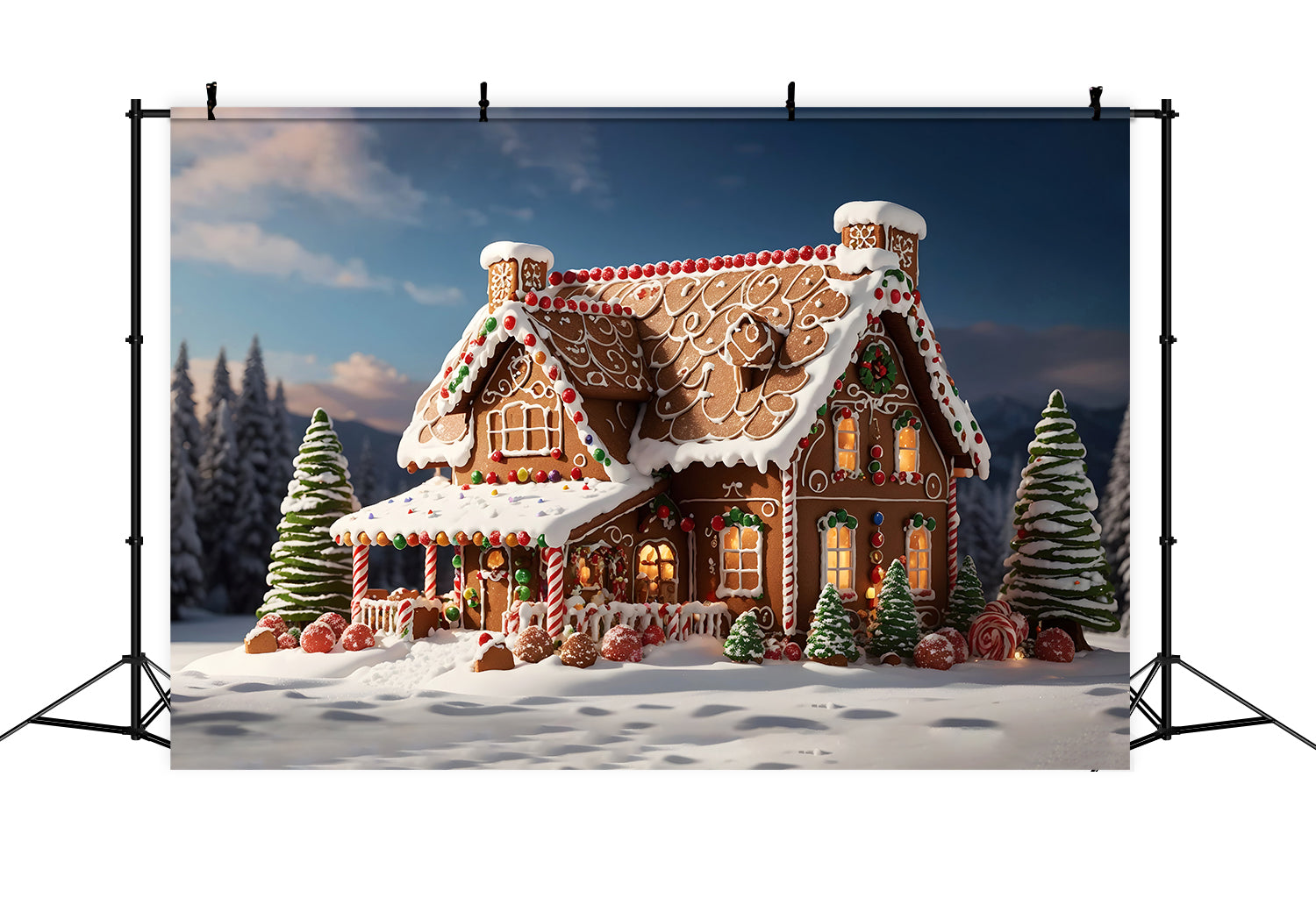 Toile de Fond de Maison en Pain d'Épices Enneigée de Noël RR8-205