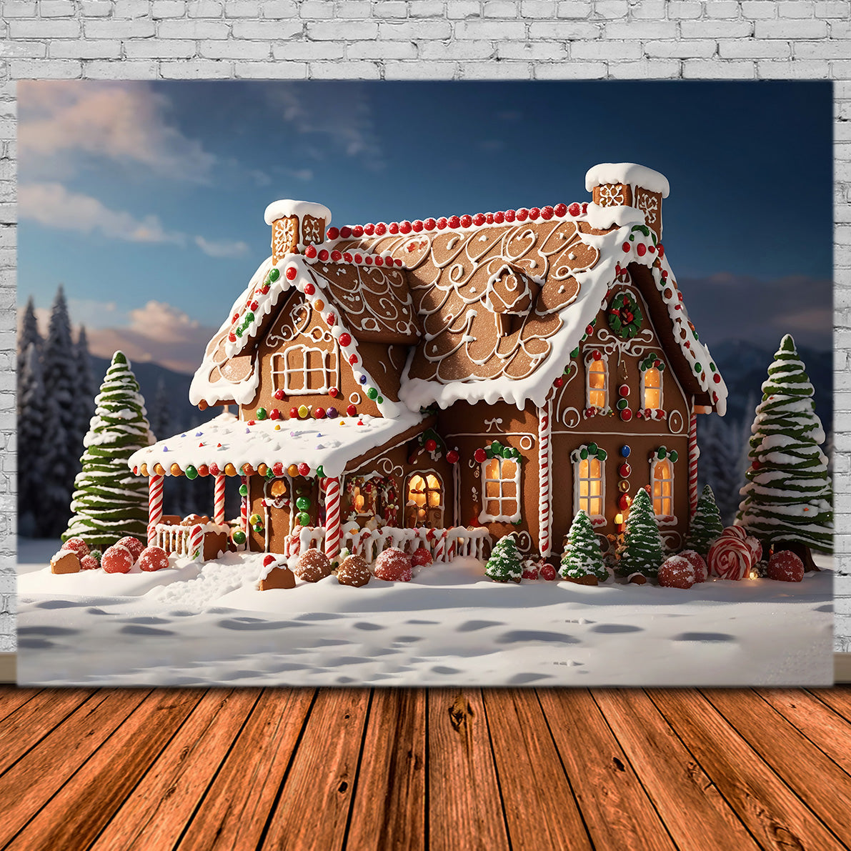 Toile de Fond de Maison en Pain d'Épices Enneigée de Noël RR8-205