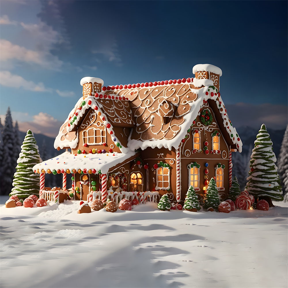 Toile de Fond de Maison en Pain d'Épices Enneigée de Noël RR8-205