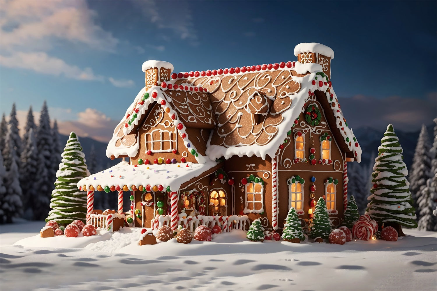 Toile de Fond de Maison en Pain d'Épices Enneigée de Noël RR8-205