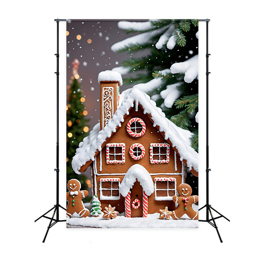Toile de Fond de Chalet en Pain d'Épices avec Figurines de Noël RR8-206