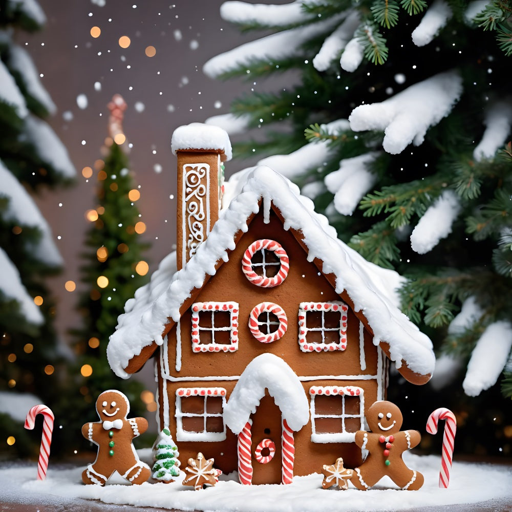 Toile de Fond de Chalet en Pain d'Épices avec Figurines de Noël RR8-206