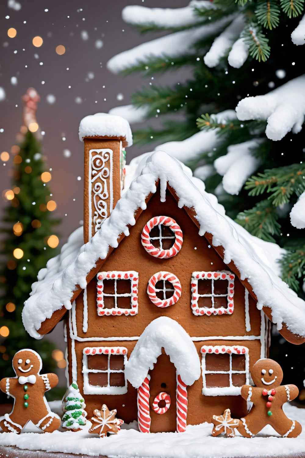 Toile de Fond de Chalet en Pain d'Épices avec Figurines de Noël RR8-206
