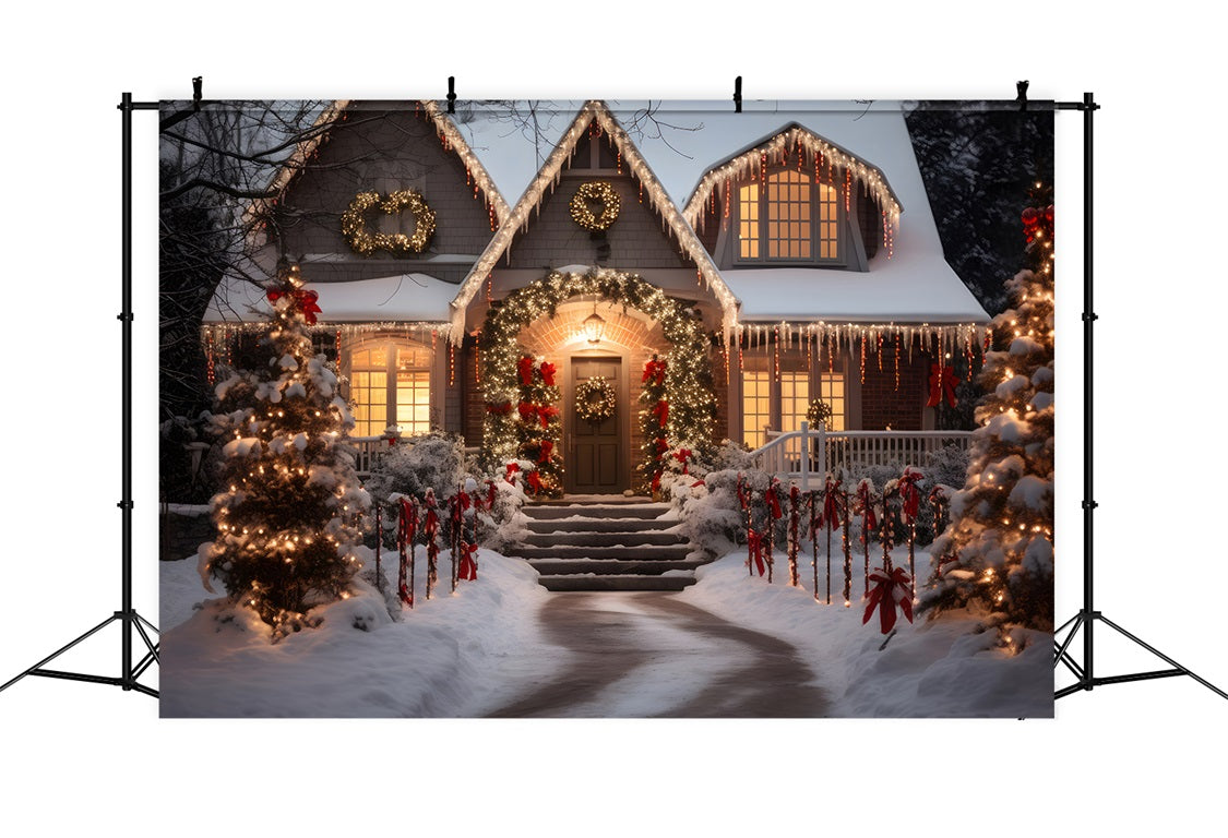Toile de Fond de Chalet avec Lumières Après la Neige de Noël RR8-212